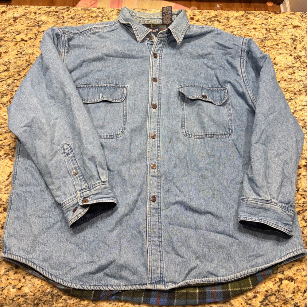 Faded Glory Mens 2XL Denim Shirt Jacket Fleece Lined Plaid Blue  Vintage
